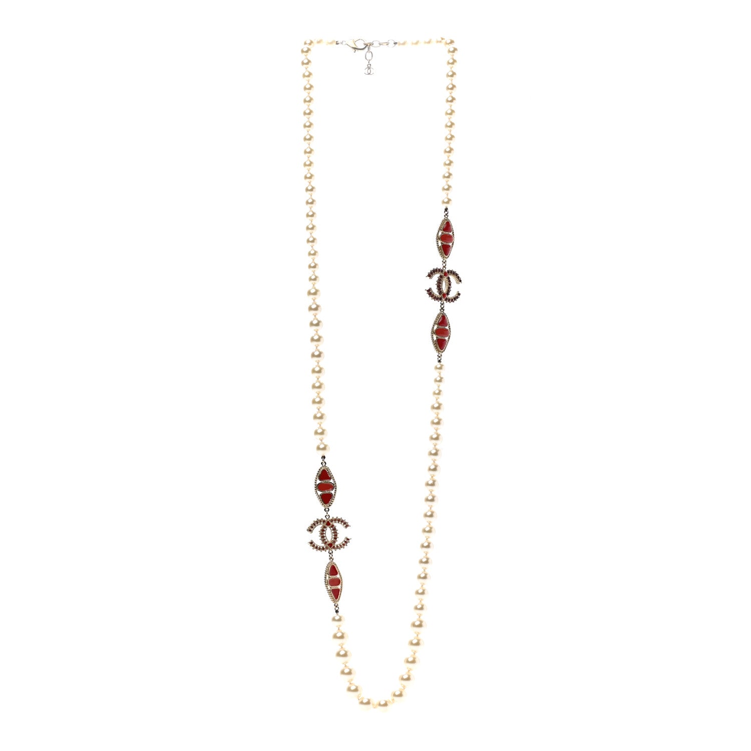Chanel Pearl Gripoix CC Long Strand Necklace Gold Red 3 of 6