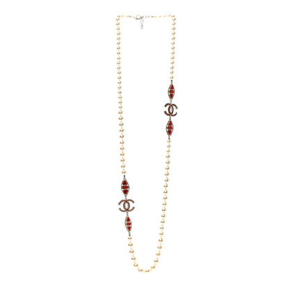 Chanel Pearl Gripoix CC Long Strand Necklace Gold Red 3 of 6