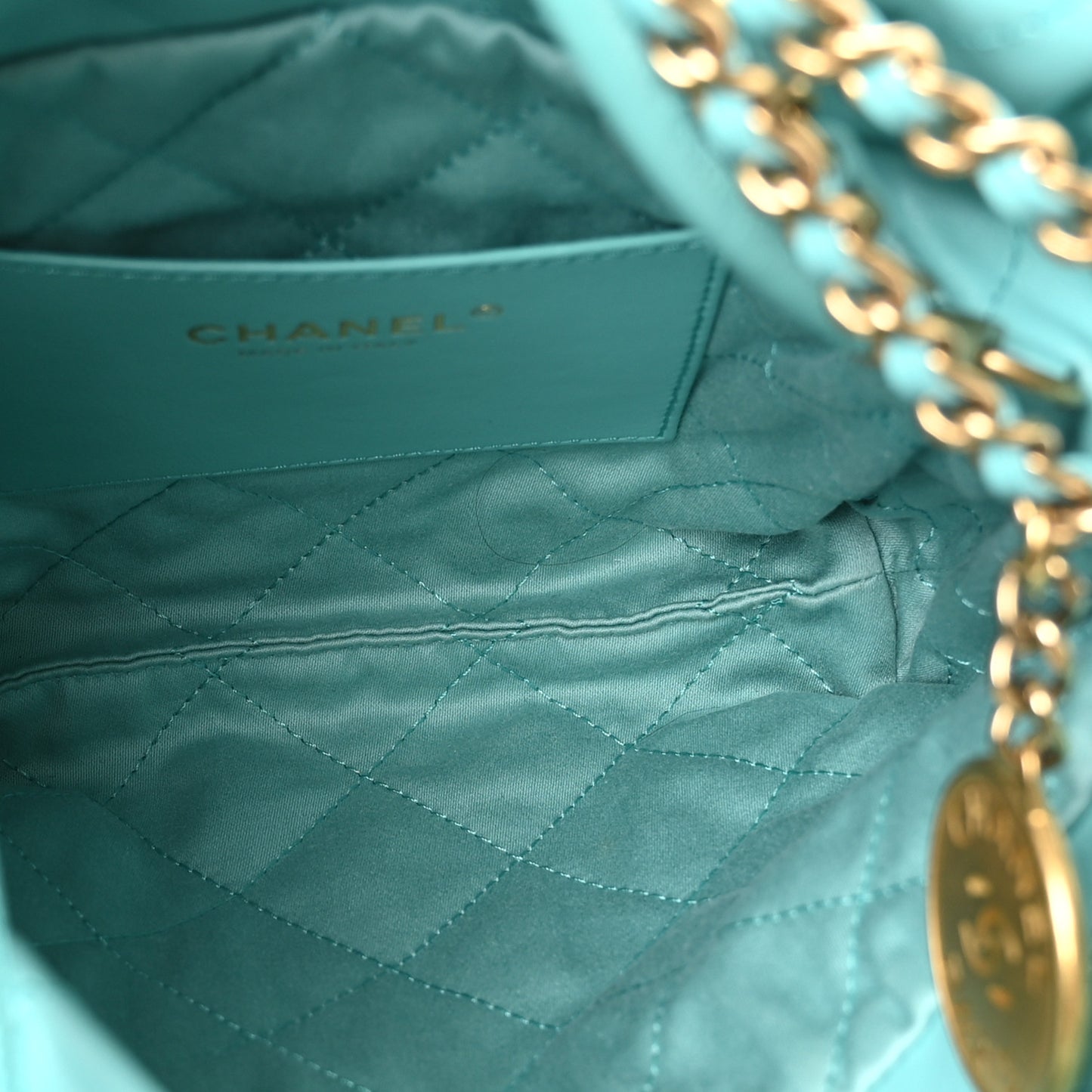 Shiny Calfskin Quilted Mini Chanel 22 Turquoise