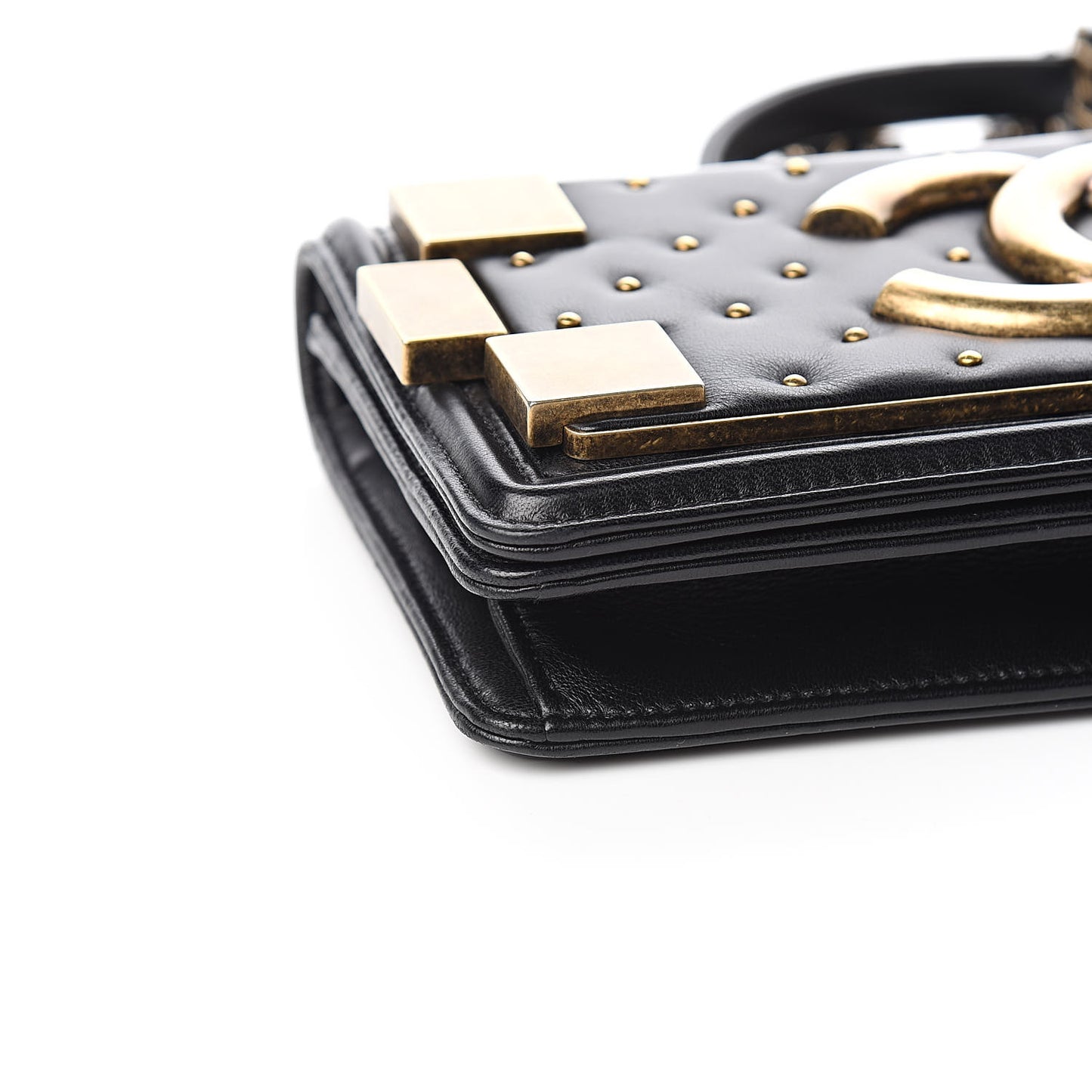 Lambskin Quilted Horizontal Boy Brick Studded Flap Black