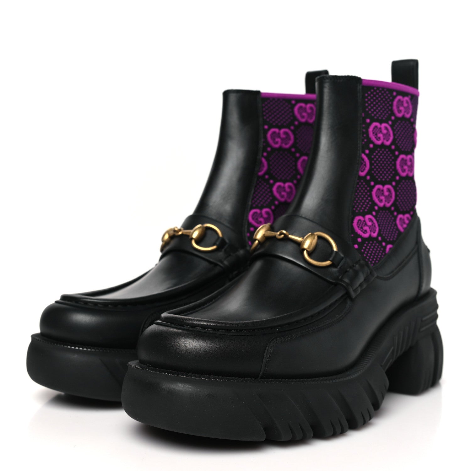 Gucci Quebec Calfskin Technical Jersey Knit GG Monogram Horsebit Ankle Boots 39 Black Fucsia 3 of 9