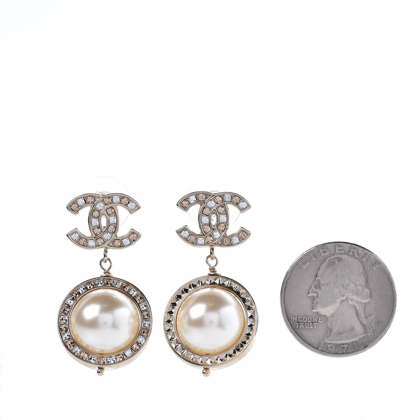 Baguette Crystal CC Pearl Drop Art Decoco Earrings Light Gold