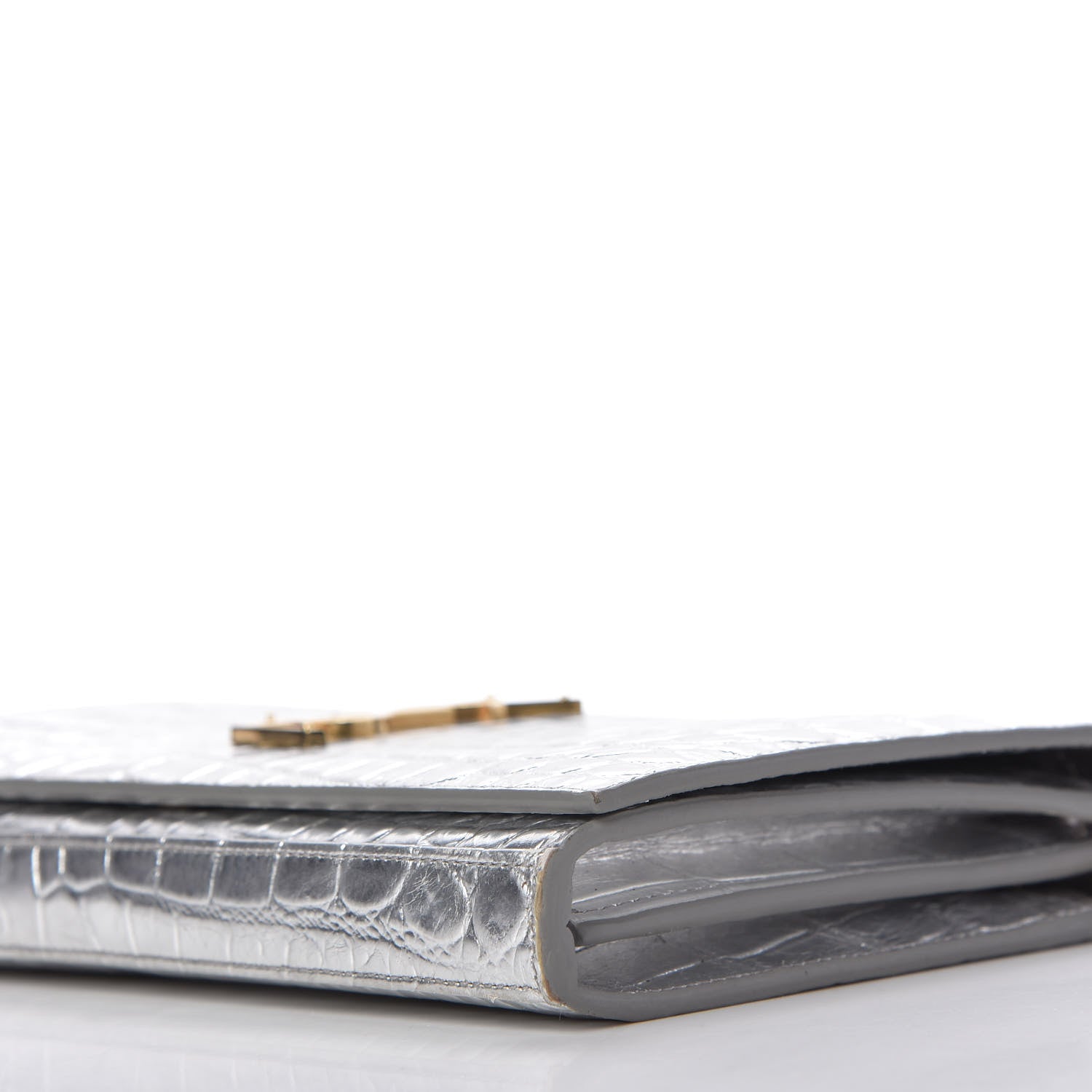 Saint Laurent Calfskin Crocodile Embossed Monogram Chain Wallet Argento 7 of 9