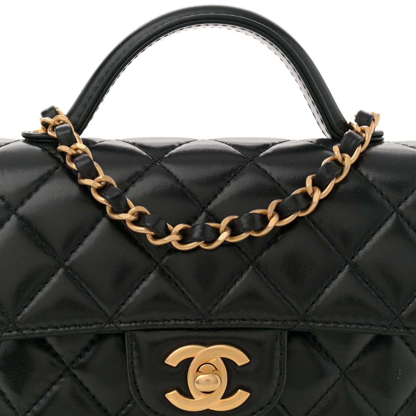 Lambskin Quilted Small Flap Top Handle Bag Black