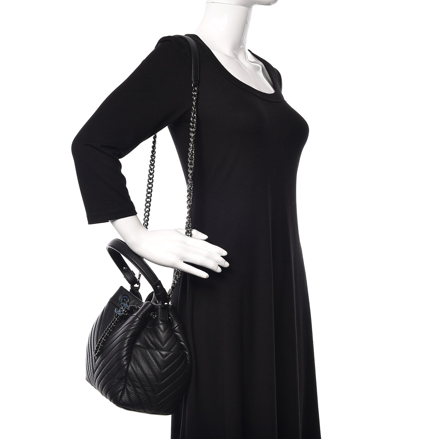 Deerskin Chevron Small CC Chain Bucket Bag Black