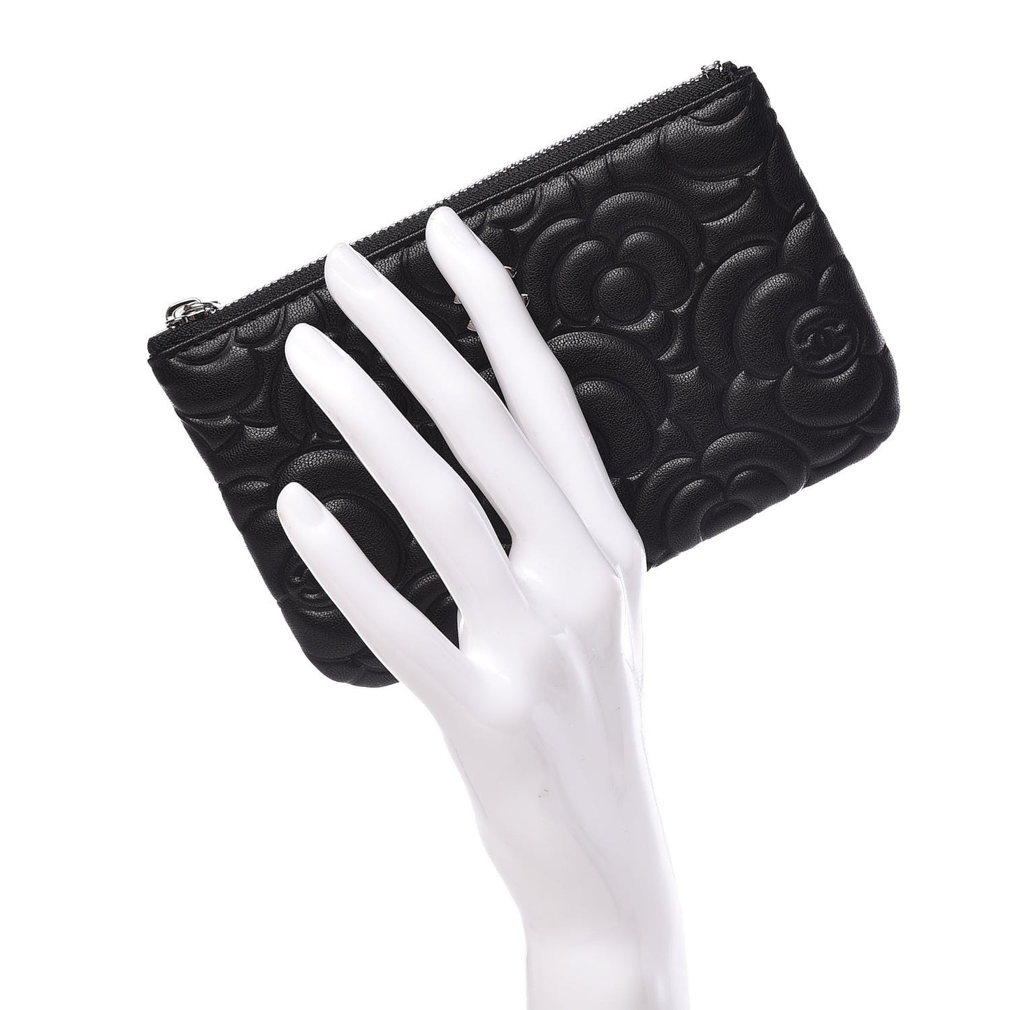 Goatskin Camellia Embossed Cosmetic Pouch Black
