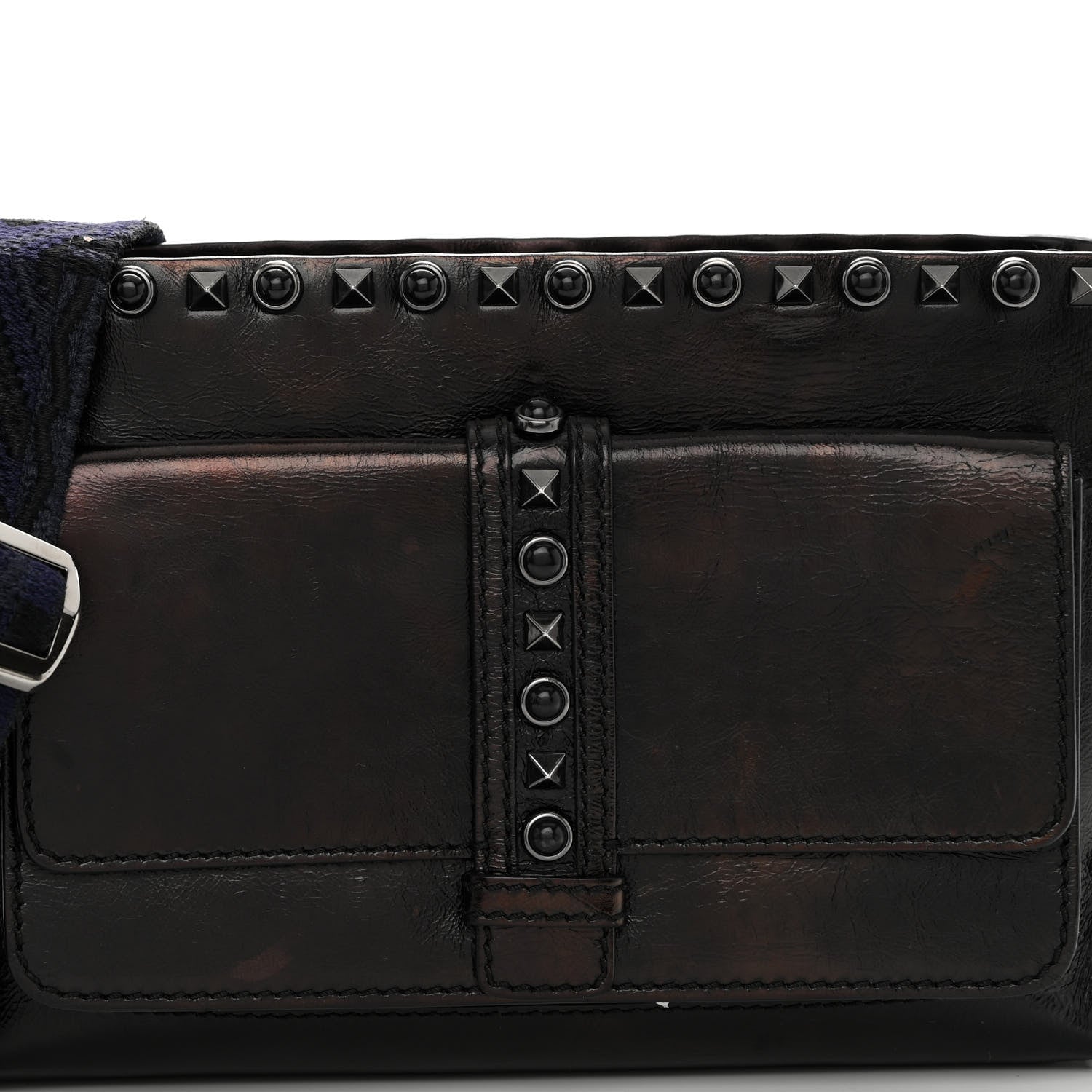 Valentino Garavani Craquele Calfskin Small Guitar Strap Rockstud Rolling Flap Pocket Shoulder Bag Black 7 of 12