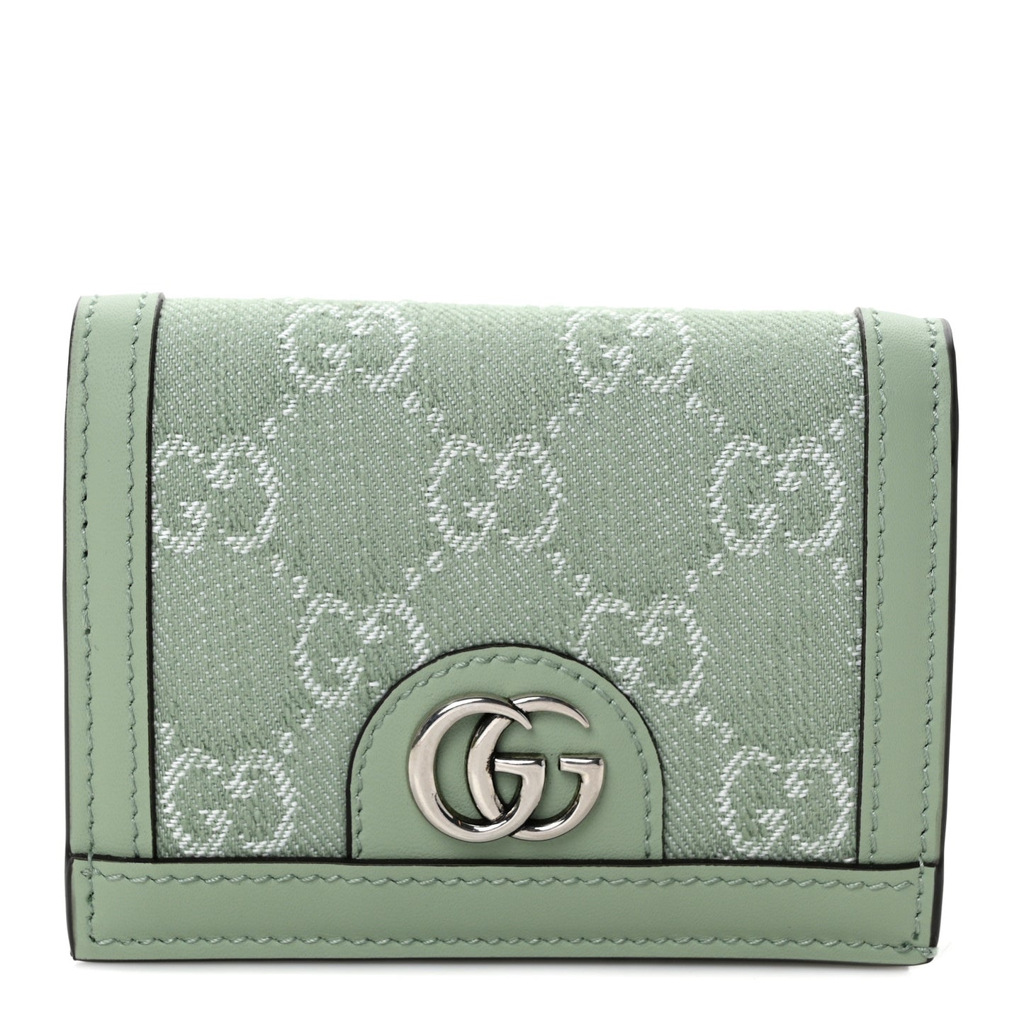 Denim Monogram Textured Dollar Calfskin Ophidia Card Case Pale Green