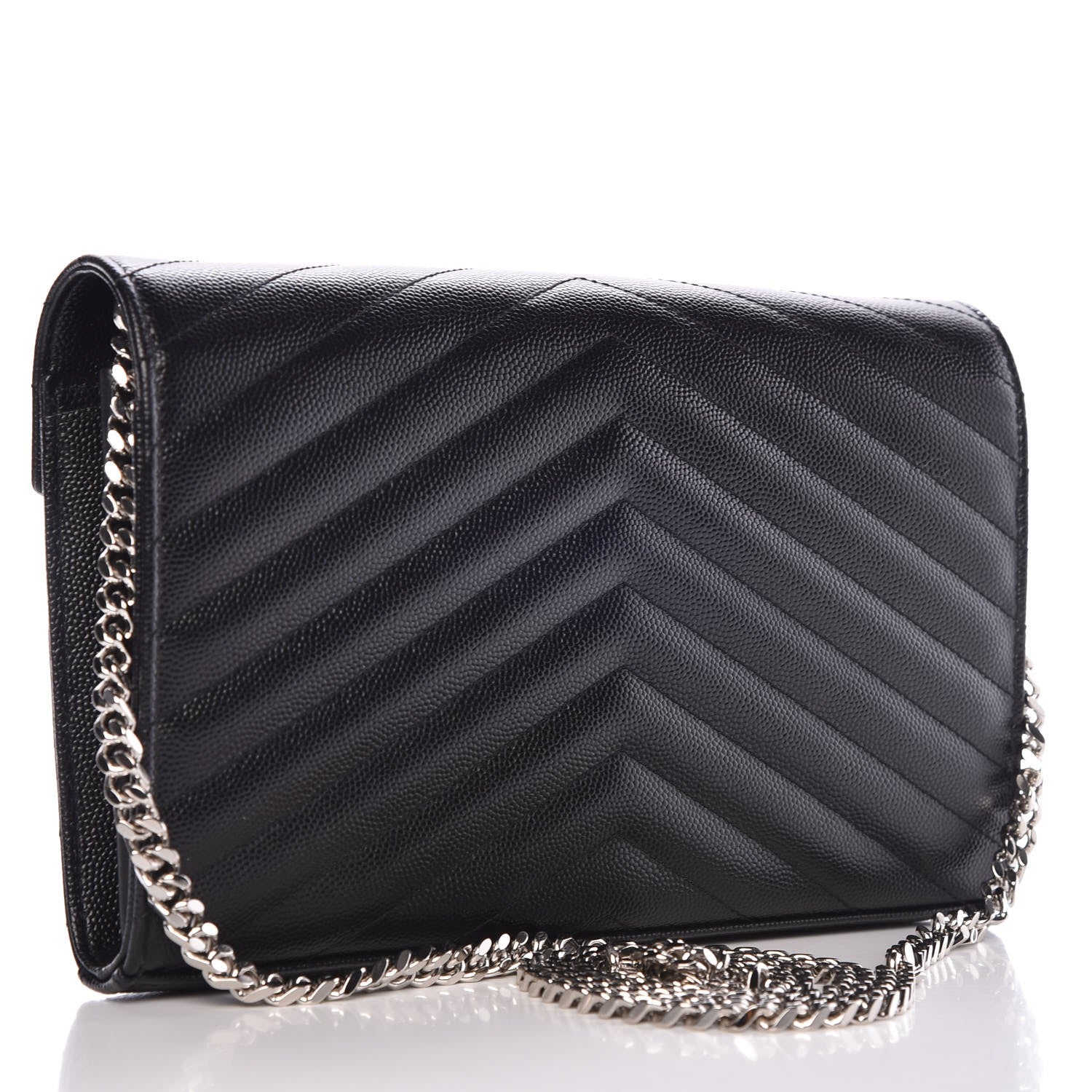 Saint Laurent Grain De Poudre Matelasse Chevron Monogram Chain Wallet Black 3 of 8
