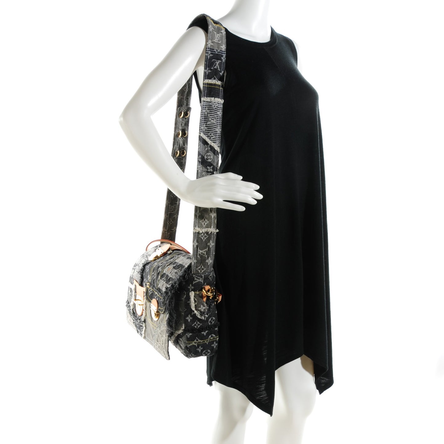 Denim Patchwork Posty Messenger Bag Gris