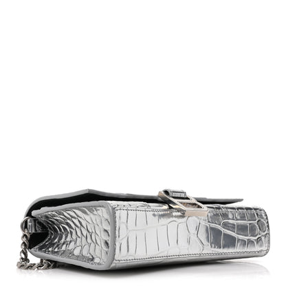 Balenciaga Metallic Calfskin Crocodile Embossed Hourglass Chain Bag Silver 4 of 9