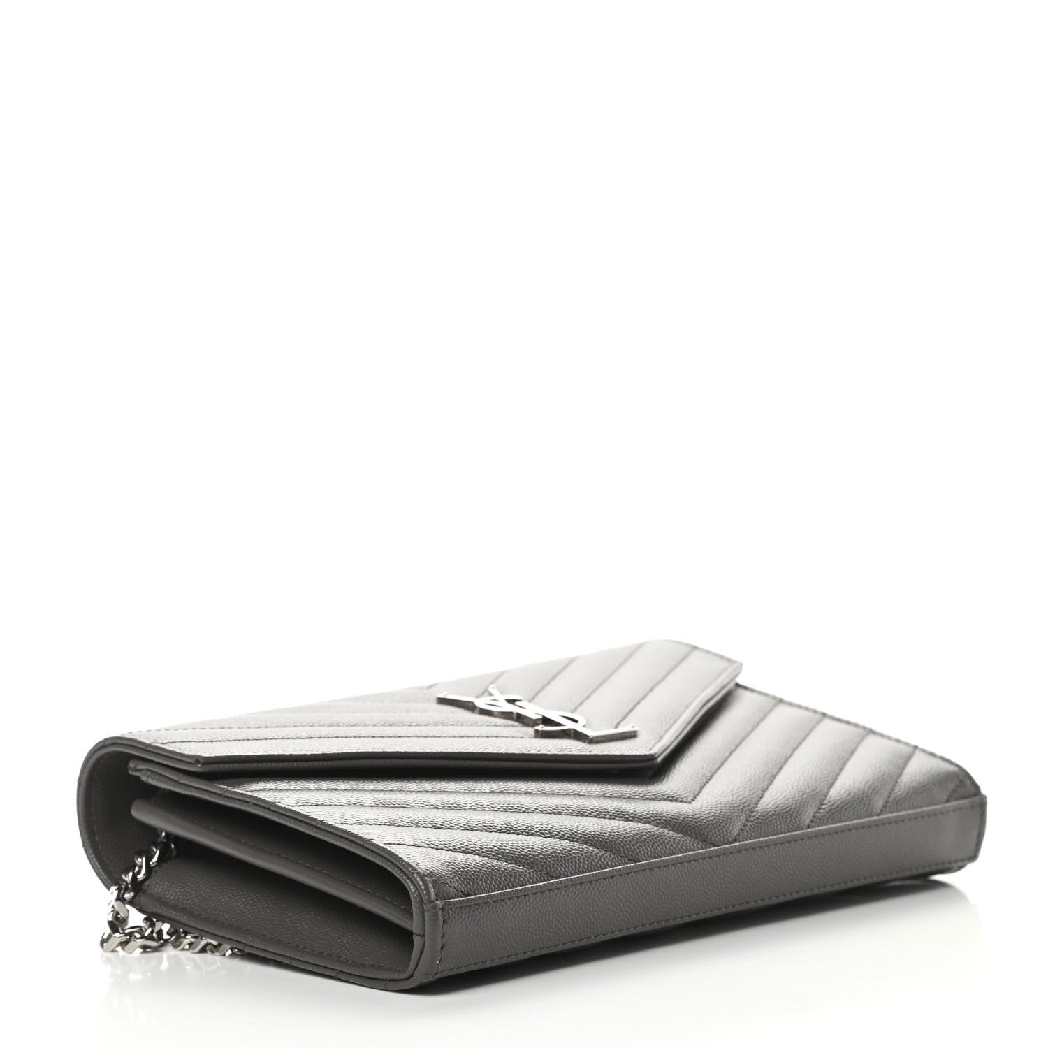 Saint Laurent Grain De Poudre Matelasse Chevron Monogram Chain Wallet Grey 4 of 12
