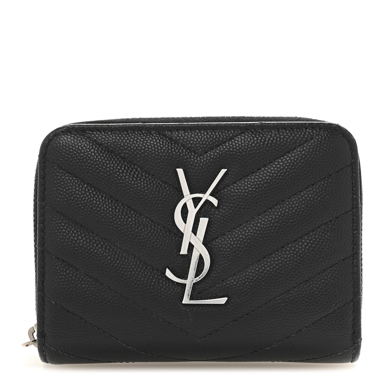 Saint Laurent Grain De Poudre Matelasse Chevron Monogram Compact Zip Around Wallet Black 1 of 11