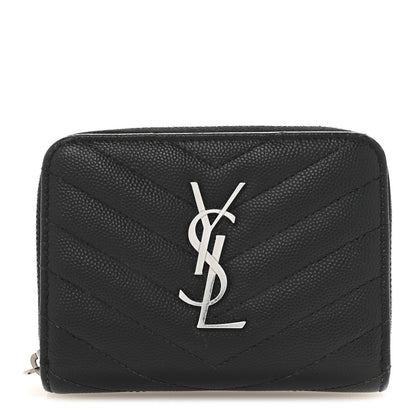 Saint Laurent Grain De Poudre Matelasse Chevron Monogram Compact Zip Around Wallet Black 1 of 11