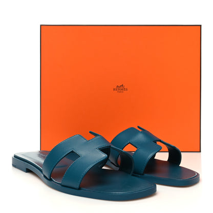 Hermes Calfskin Oran Sandals 38 Bleu Emeraude 9 of 9