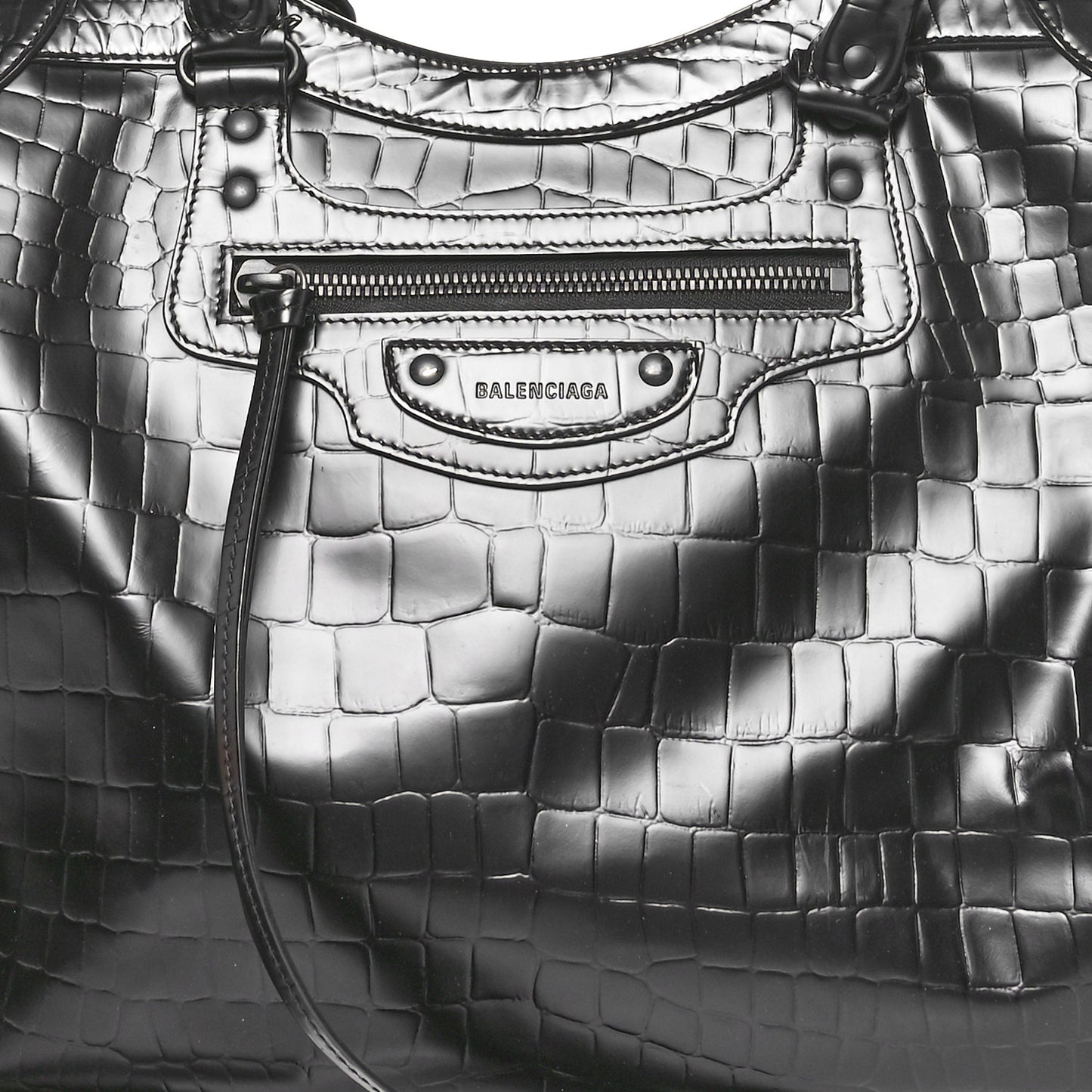Semi Matte Calfskin Crocodile Embossed Neo Classic Black Hardware Large Top Handle Bag Black