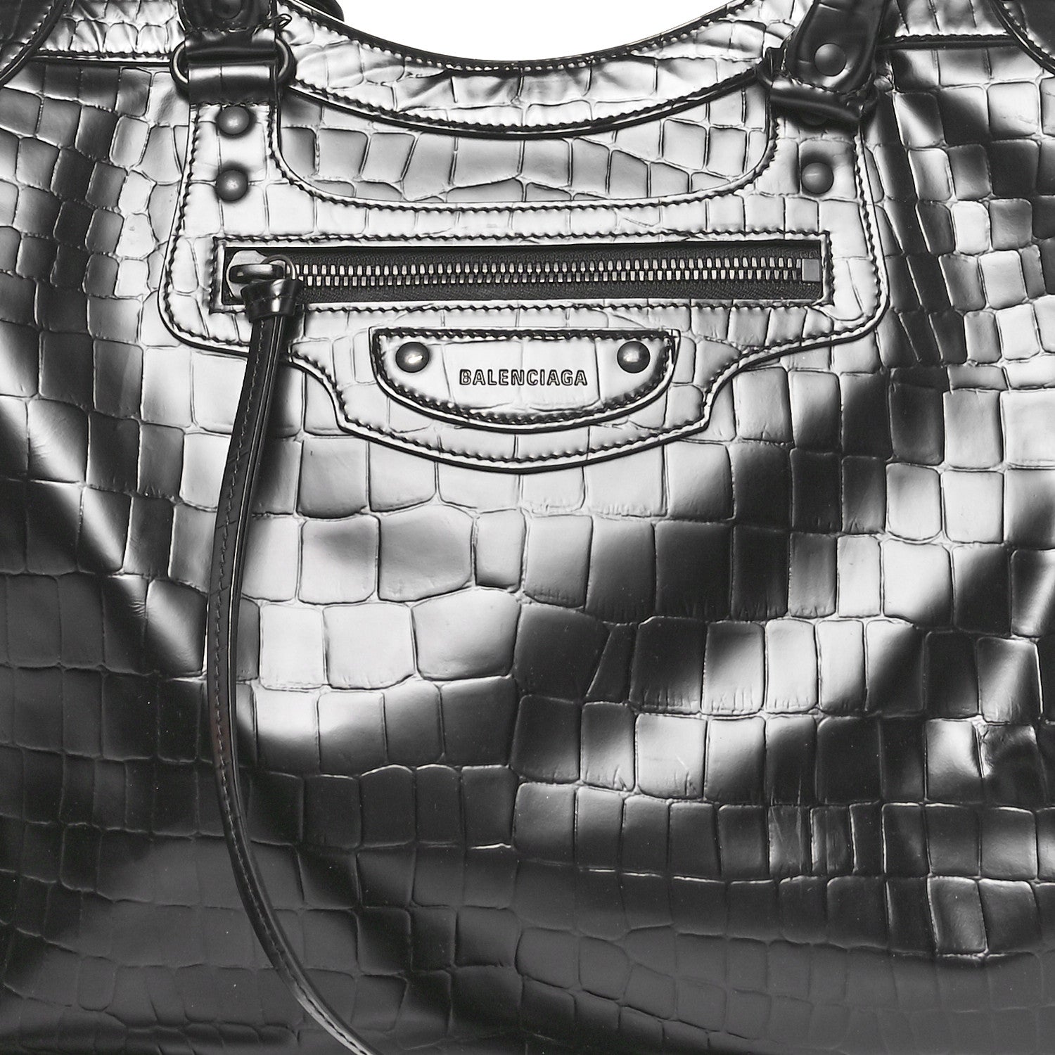 Balenciaga Semi Matte Calfskin Crocodile Embossed Neo Classic Black Hardware Large Top Handle Bag Black 7 of 10