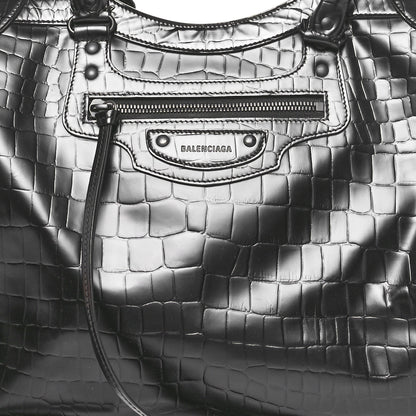 Balenciaga Semi Matte Calfskin Crocodile Embossed Neo Classic Black Hardware Large Top Handle Bag Black 7 of 10