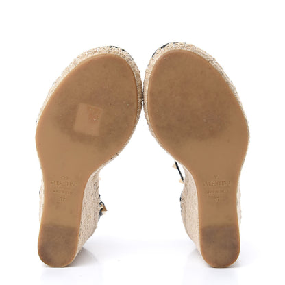 Valentino Garavani Grained Calfskin Rockstud Ankle Strap Espadrille 15/105mm Wedge Sandals 37 Black Light Cuir Natural 5 of 9