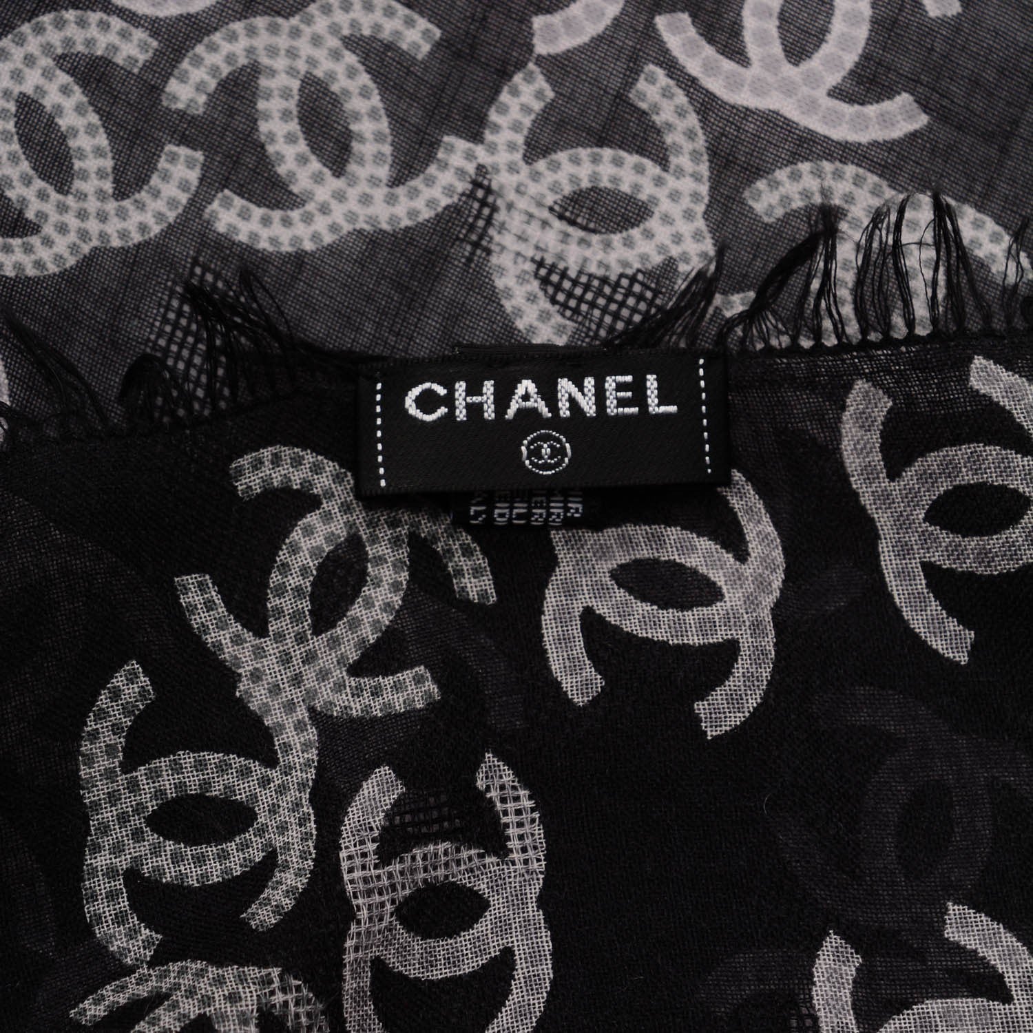 Chanel Cashmere Silk CC Logo Scarf Black White 4 of 5