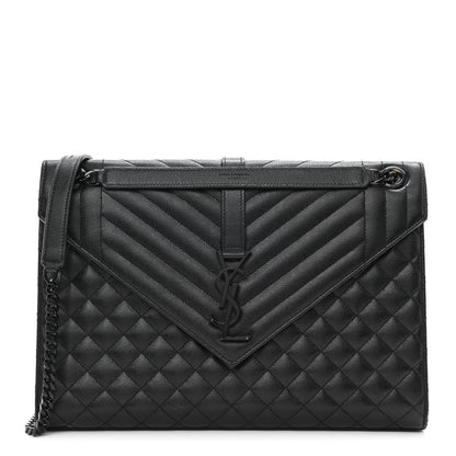 Saint Laurent Grain De Poudre Textured Mixed Matelasse Large Triquilt Monogram Monochrome Satchel Black 1 of 15