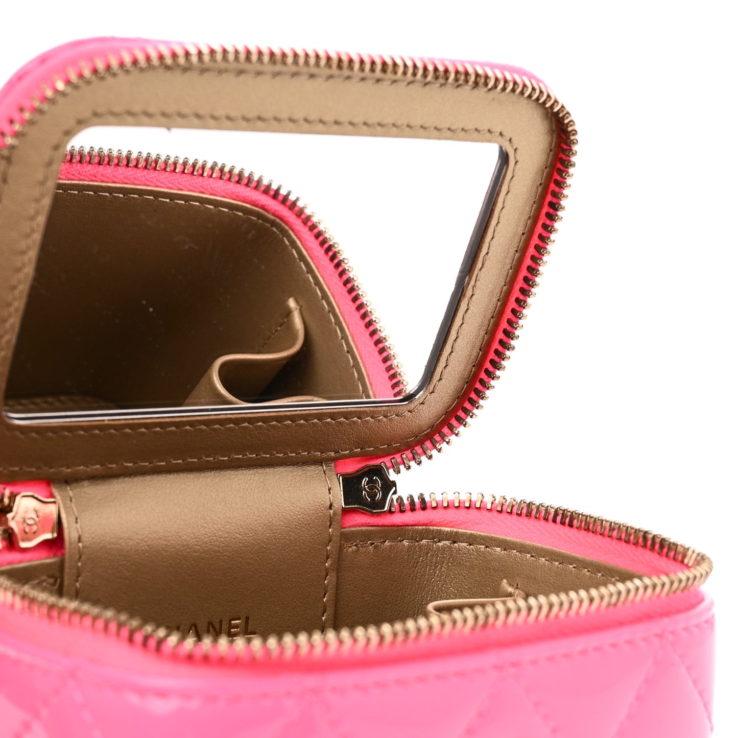 Patent Quilted Pearl Crush Mini Vanity Case With Chain Neon Pink
