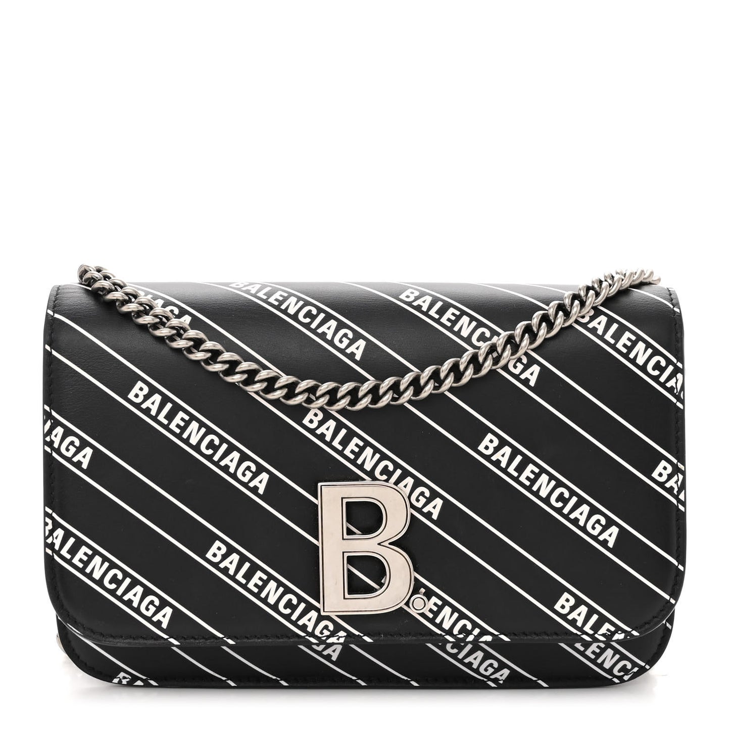 Matte Calfskin Diagonal Allover Logo Print B Wallet on Chain Black White