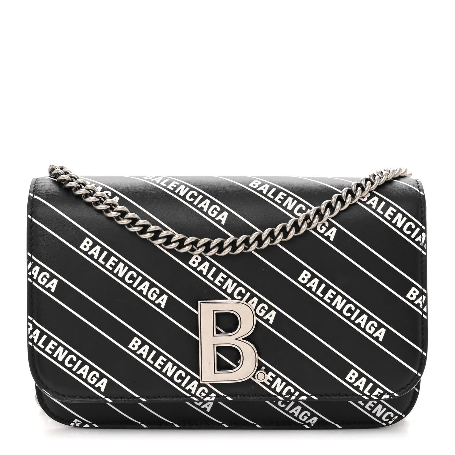 Balenciaga Matte Calfskin Diagonal Allover Logo Print B Wallet on Chain Black White 1 of 9