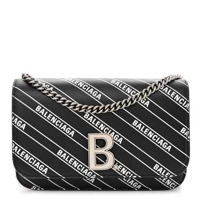 Balenciaga Matte Calfskin Diagonal Allover Logo Print B Wallet on Chain Black White 1 of 9