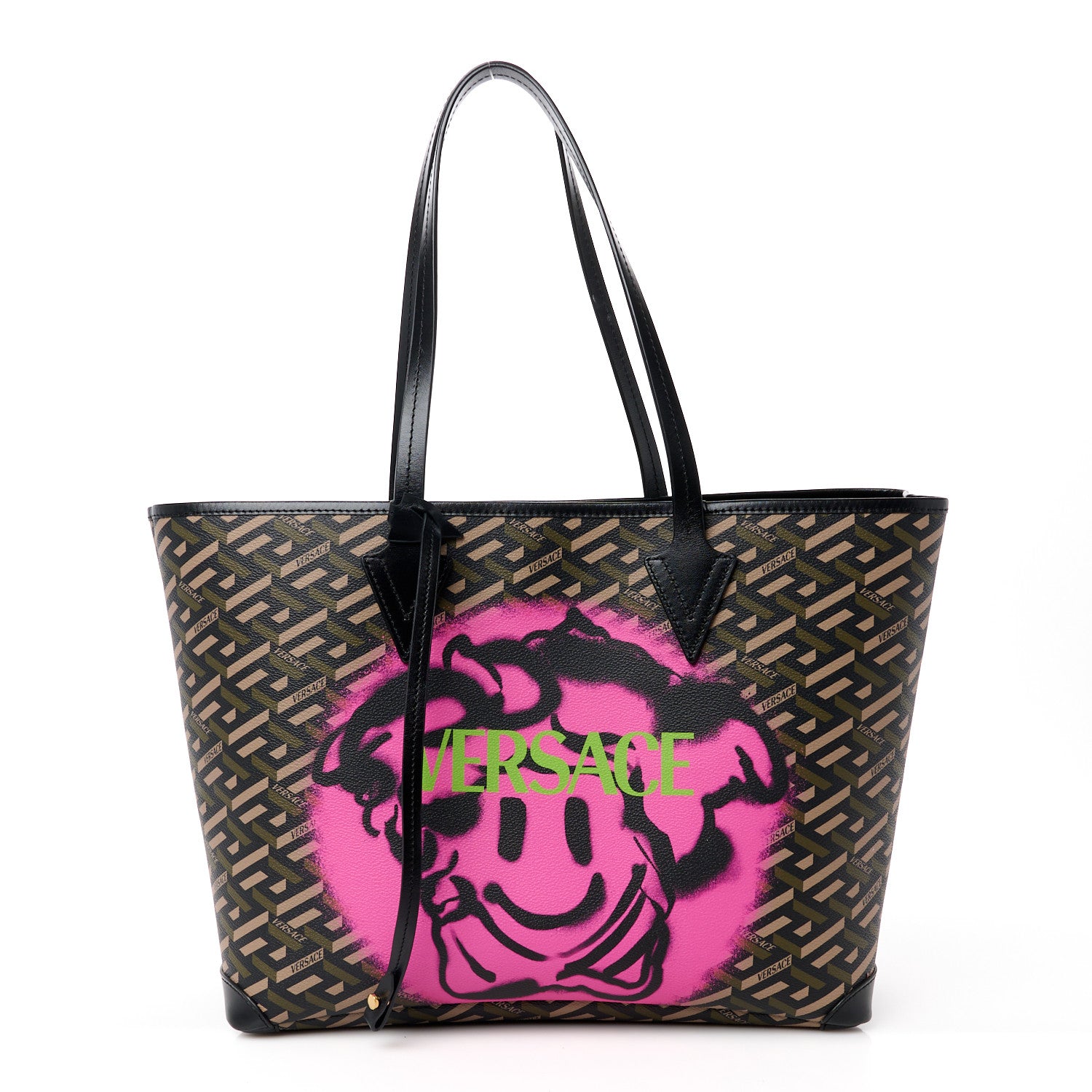 Versace Coated Canvas Calfskin La Greca Smile Signature Shopper Black Khaki 1 of 13
