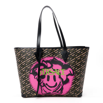 Versace Coated Canvas Calfskin La Greca Smile Signature Shopper Black Khaki 1 of 13