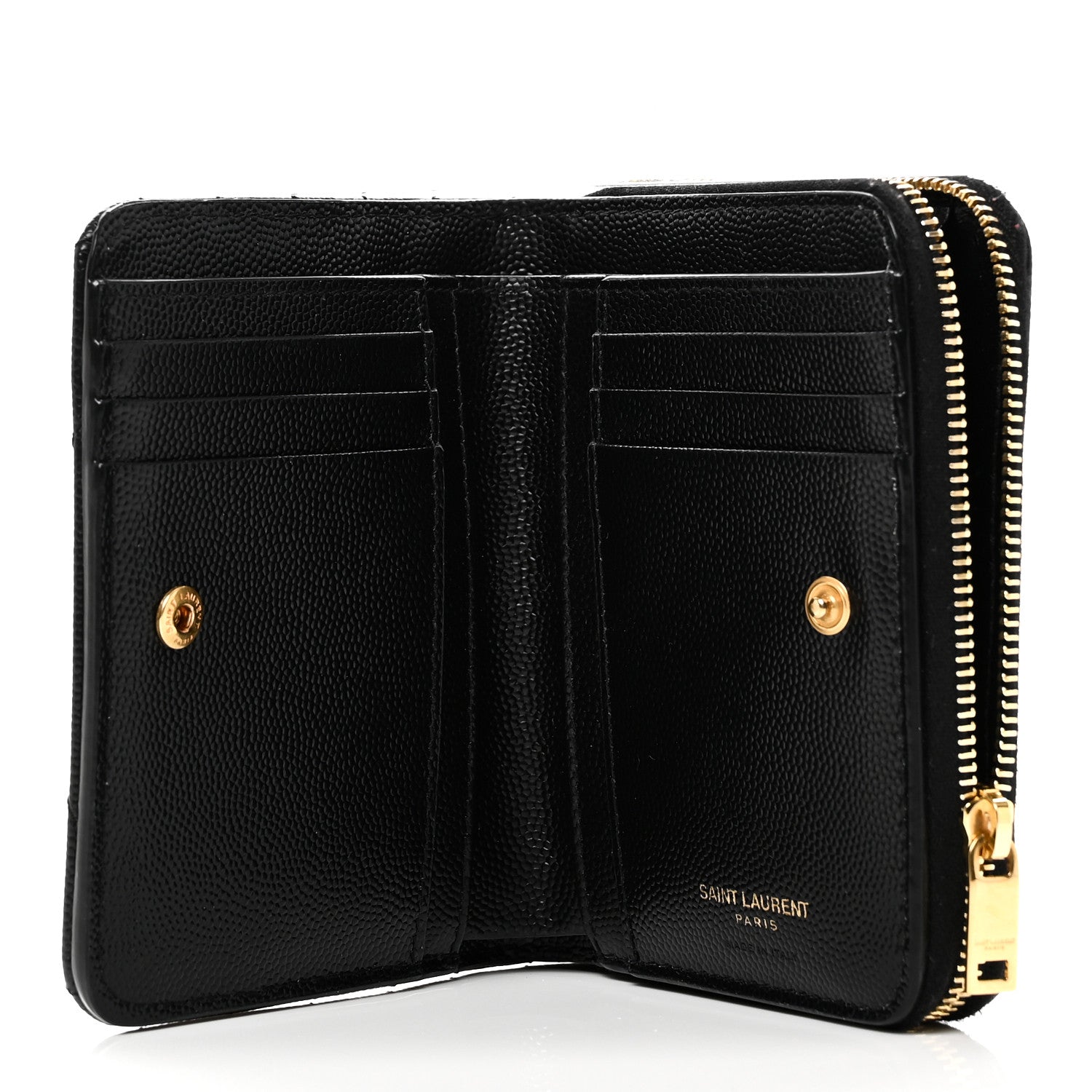 Saint Laurent Grain De Poudre Matelasse Chevron Monogram Compact Zip Around Wallet Black 6 of 8