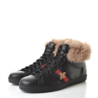 Gucci Calfskin Wool Web Bee Embroidered Mens Ace High Top Sneakers 12.5 Black 3 of 9