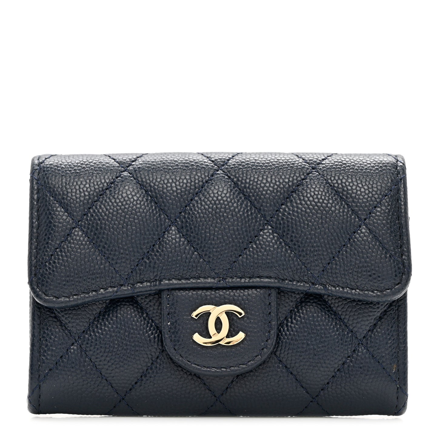Caviar Quilted Flap Card Holder Wallet Navy Blue