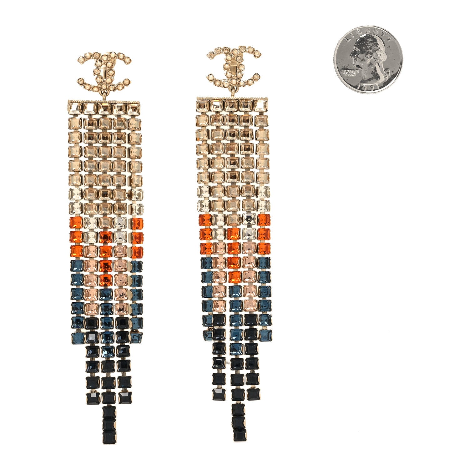 Chanel Crystal Skyline CC Drop Clip On Earrings Gold Blue Black Red 2 of 4