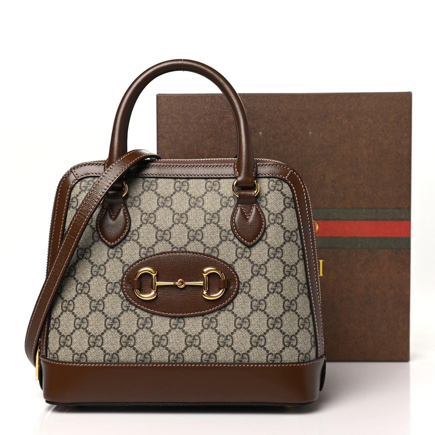 GG Supreme Monogram Azalea Calfskin Small Horsebit 1955 Top Handle Bag Beige Ebony Brown Sugar