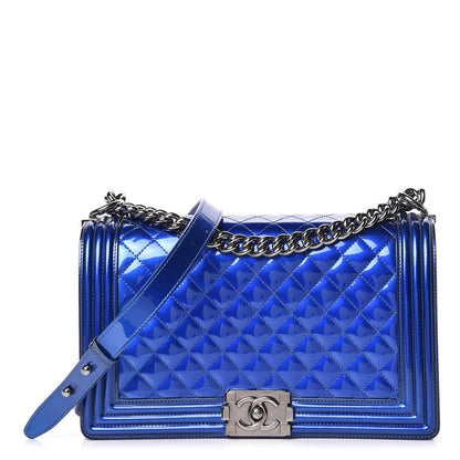 Chanel Metallic Patent Calfskin New Medium Boy Flap Blue 1 of 17