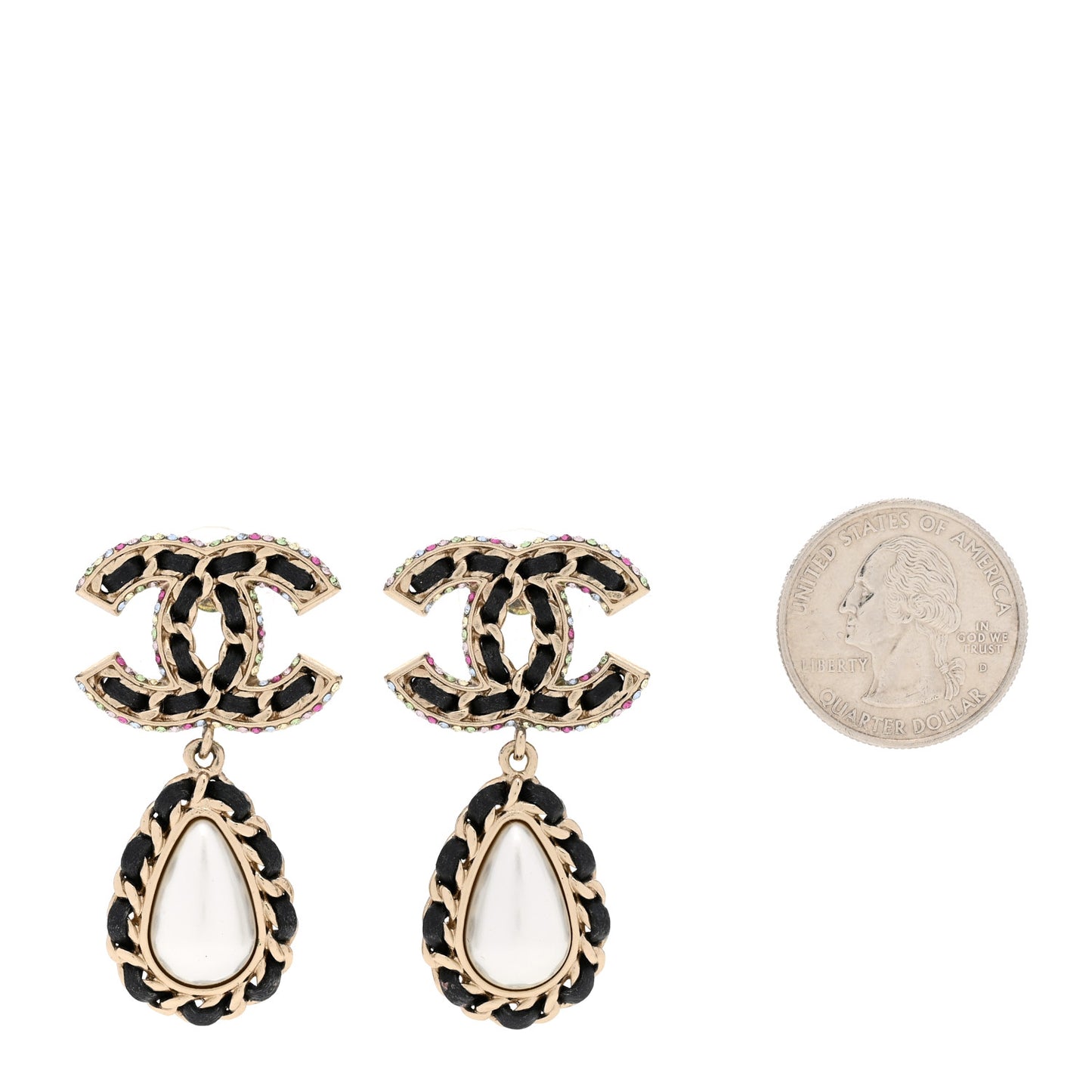 Lambskin Crystal Pearl CC Drop Earrings Gold Pearly White Black Multicolor