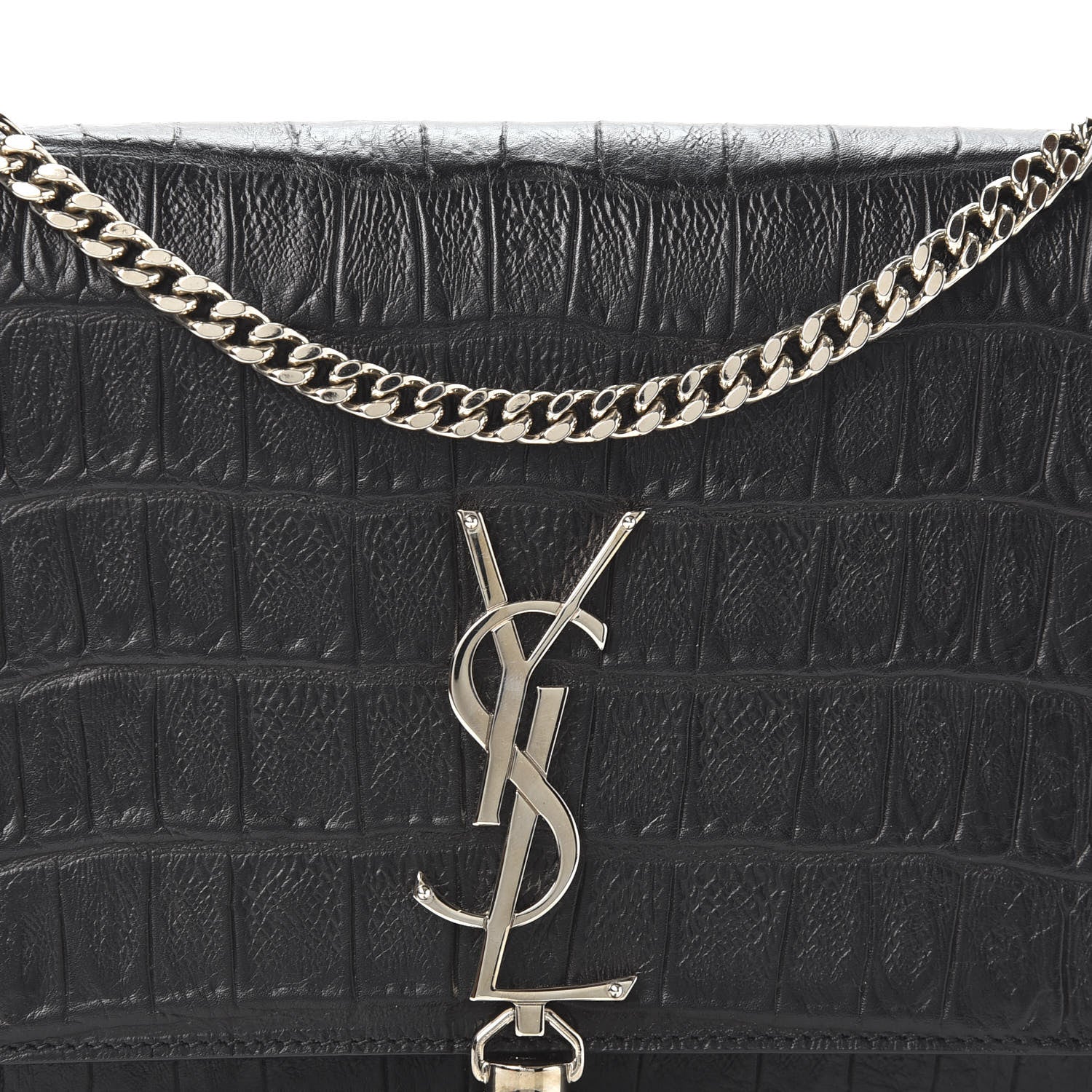 Saint Laurent Calfskin Crocodile Embossed Medium Classic Monogram Kate Tassel Satchel Black 8 of 9