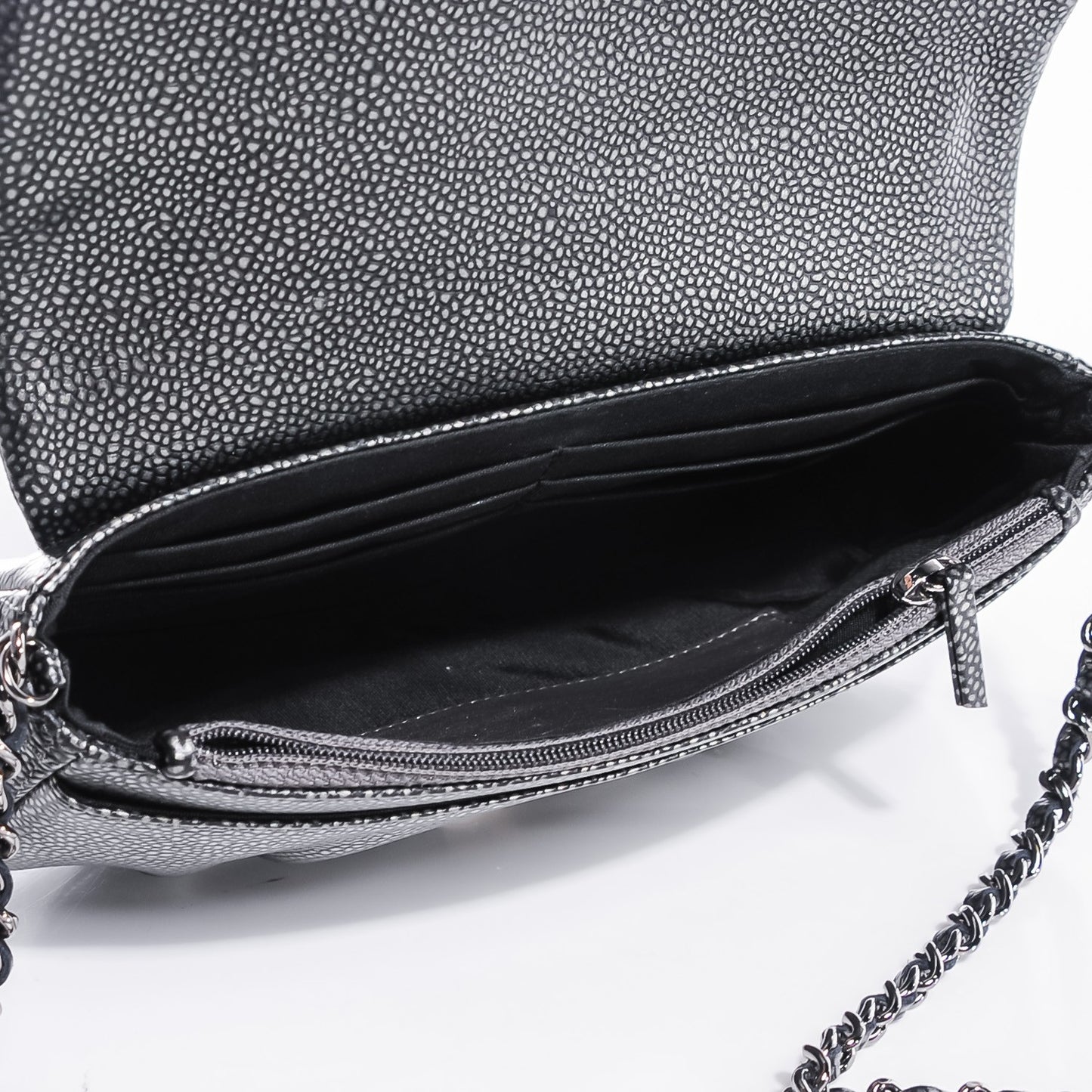 Metallic Caviar Half Moon Wallet On Chain WOC Dark Silver