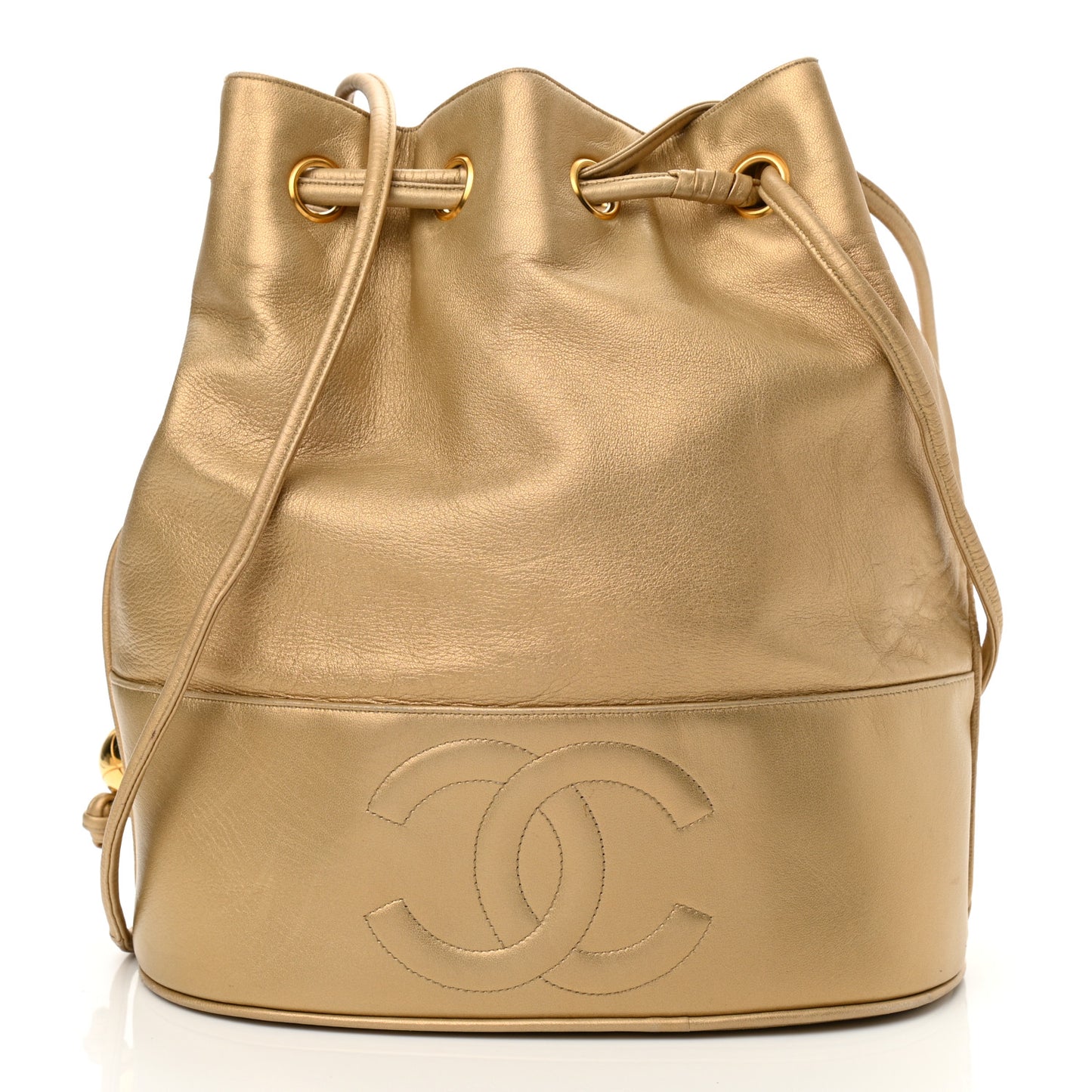 Metallic Lambskin CC Drawstring Shoulder Bag Gold