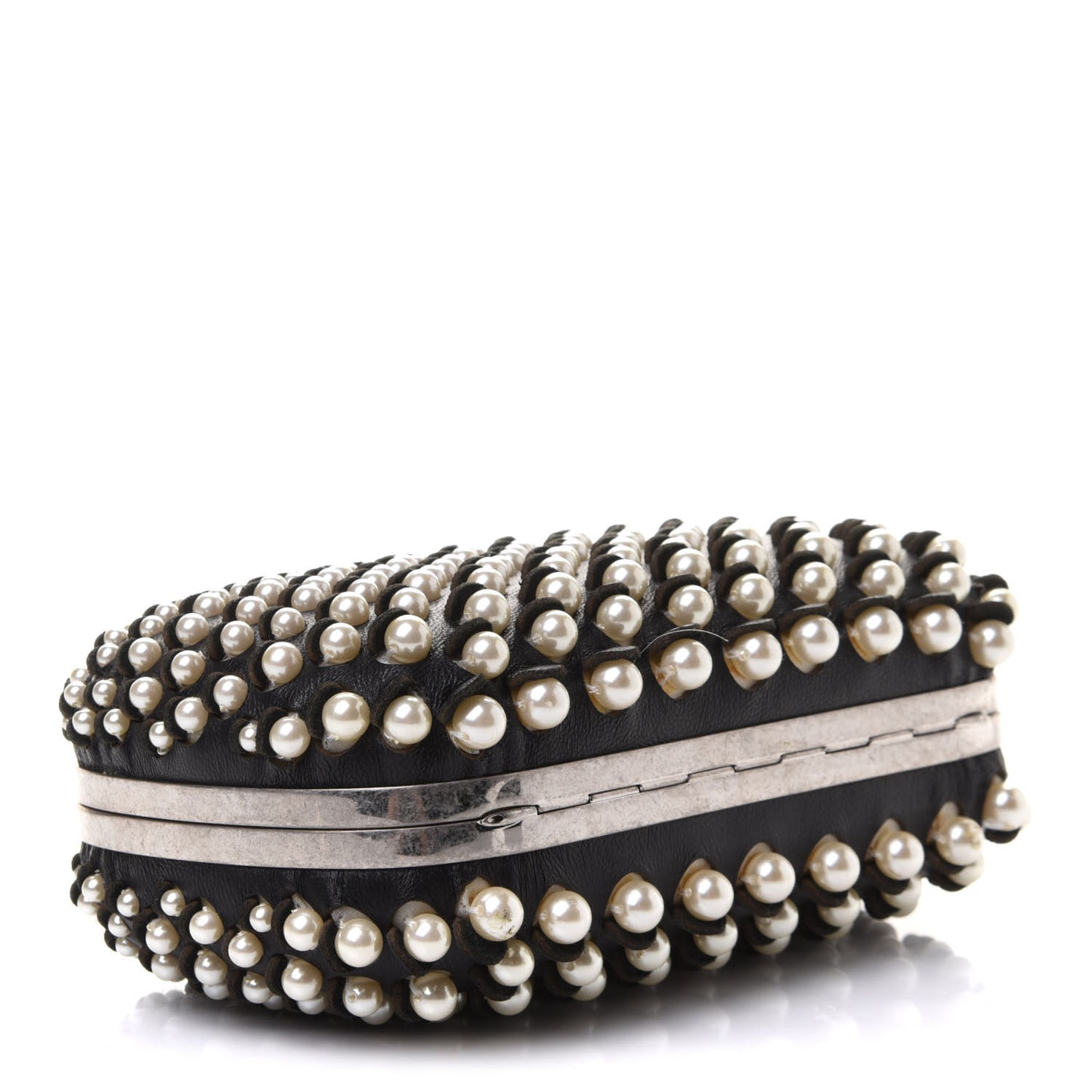 Pearl Embellished Calfskin Skull Box Clutch Black