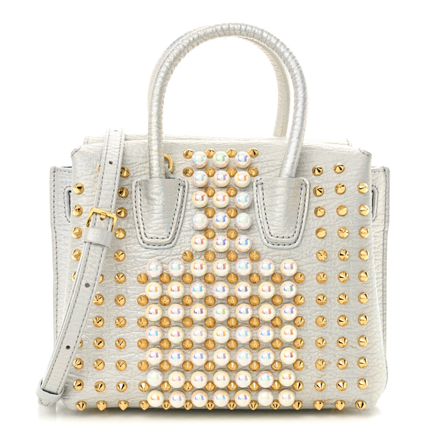 MCM Calfskin Pearls Studded Mini Milla Tote White Flake 1 of 12
