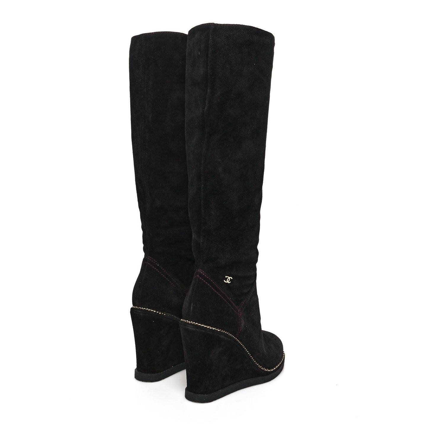 Suede Calfskin Chain Around High Boots 37.5 Black
