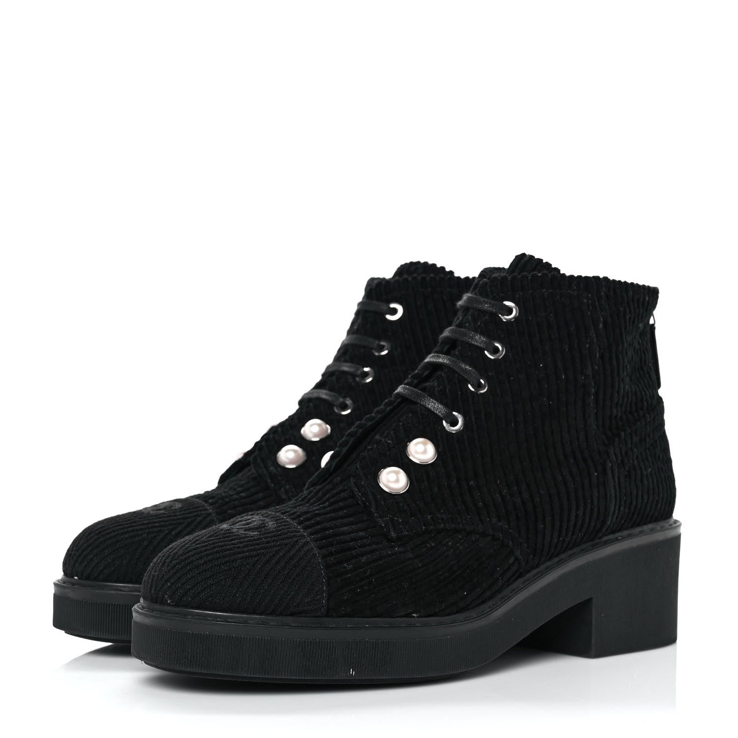 Chanel Corduroy Pearl Combat Short Boots 41.5 Black 3 of 7