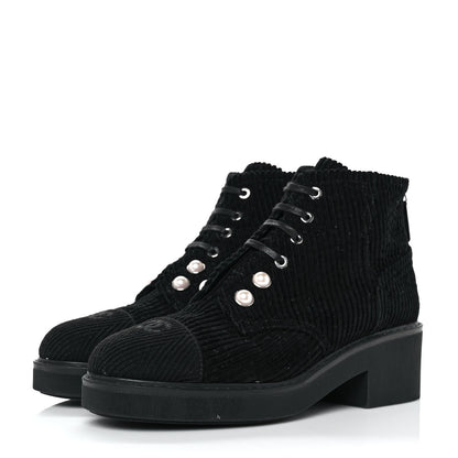 Chanel Corduroy Pearl Combat Short Boots 41.5 Black 3 of 7
