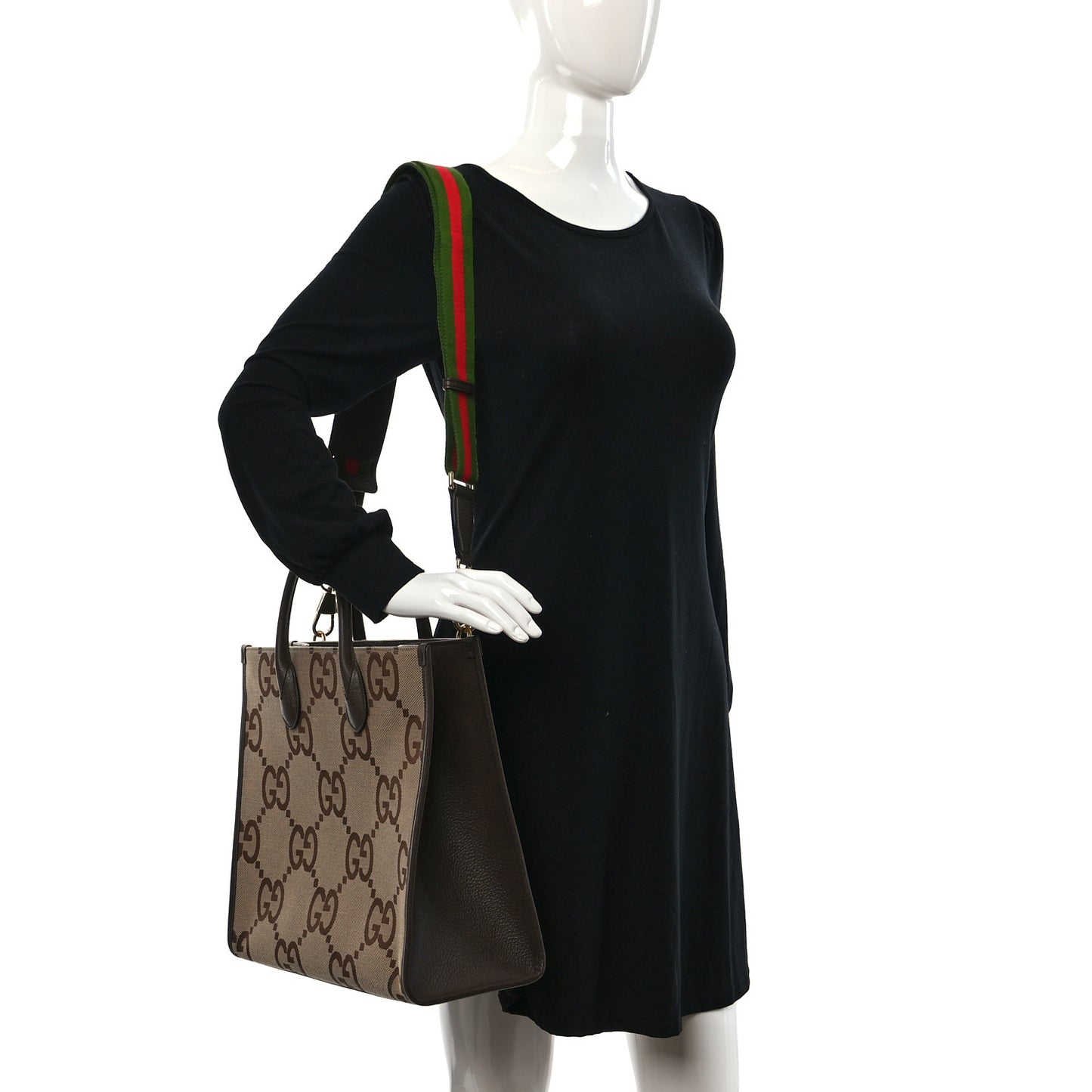Monogram Jumbo GG Textured Dollar Calfskin Web Tote Bag Camel Ebony New Acero