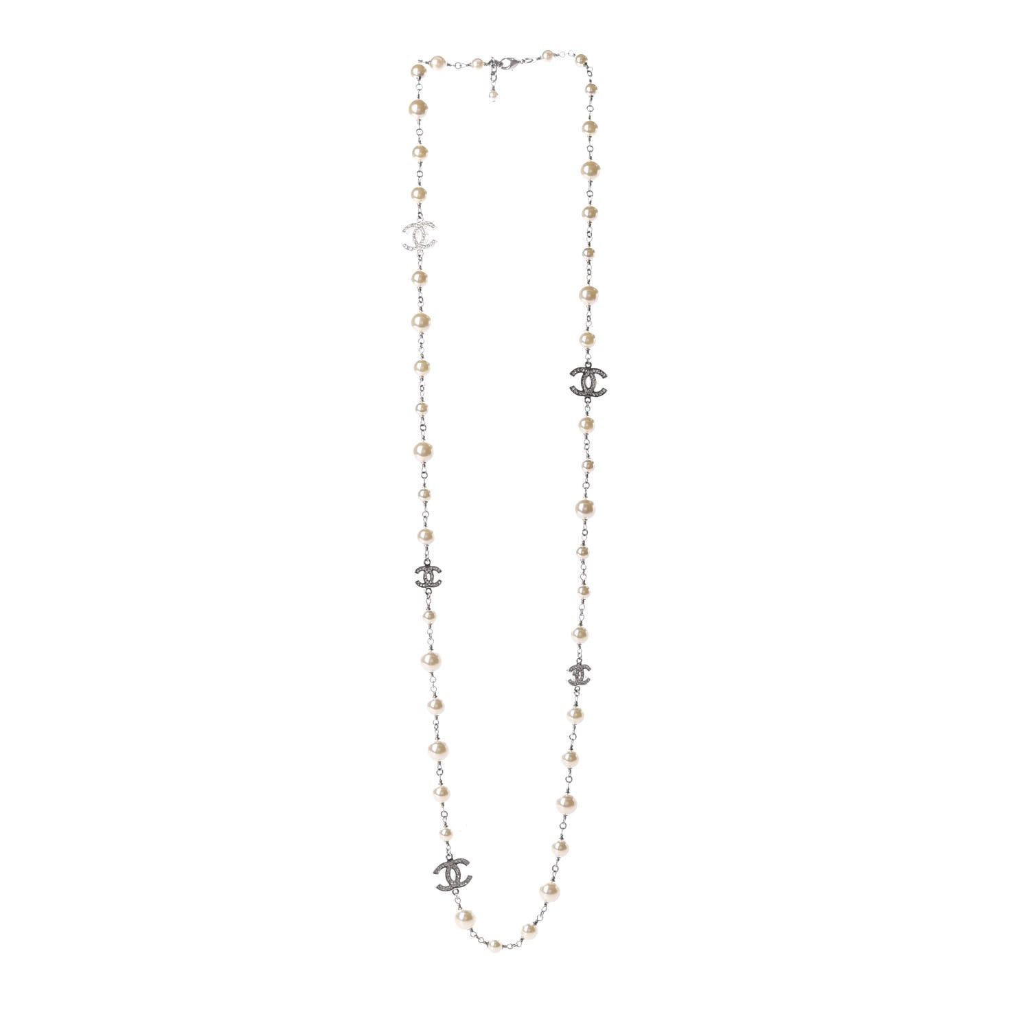 Chanel Crystal Pearl CC Long Necklace Silver 1 of 3