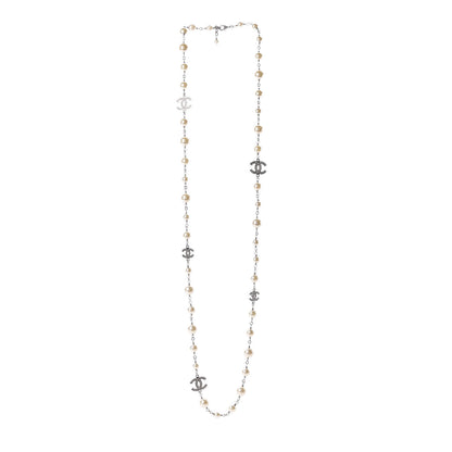 Chanel Crystal Pearl CC Long Necklace Silver 1 of 3