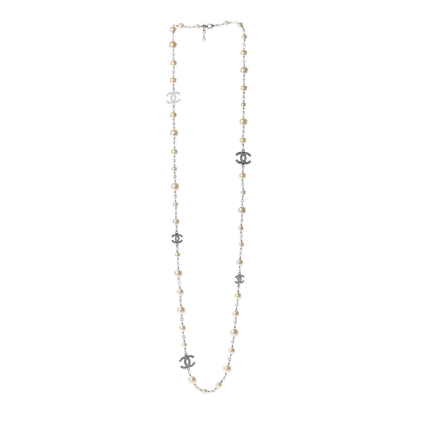 Crystal Pearl CC Long Necklace Silver
